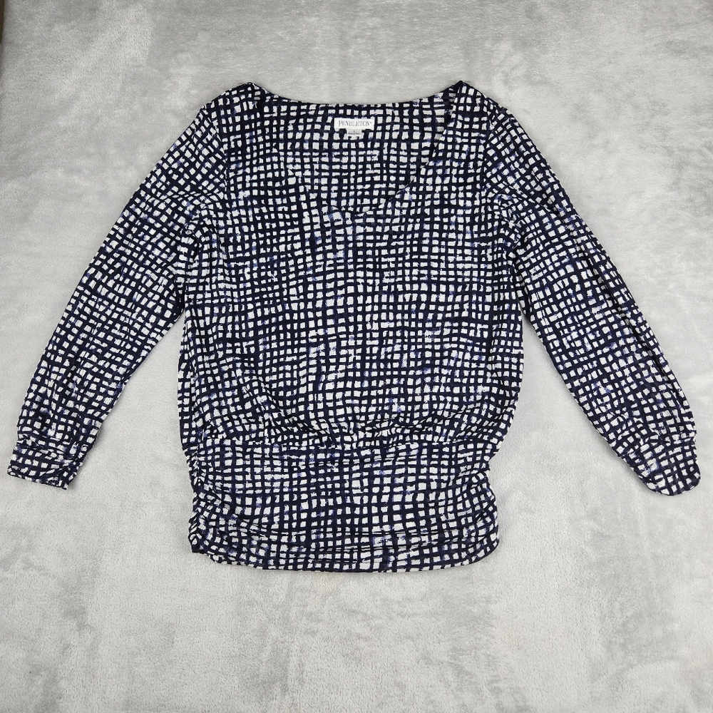Pendleton Womens Blouse Top 3/4 Sleeve Blue Check Ruched Size L Large